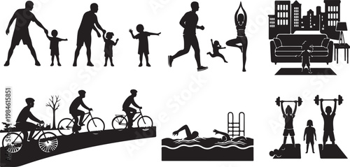 Black and white of diverse people activities and transportation