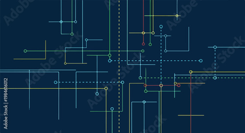 Abstract circuit lines and glowing connectors on dark blue tech background