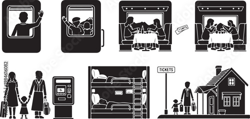 Black and white of people buying tickets and boarding vehicles