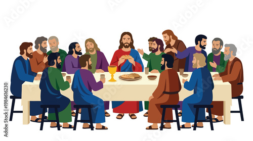 Last Supper Biblical Vector Illustration of Jesus Christ with Twelve Apostles Sitting at Table Isolated on White Background
