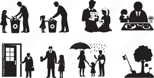 Black and white of people in various work and life scenes