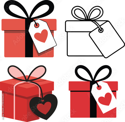 Red Gift Box Set with Ribbon and Heart Tag Vector Illustration