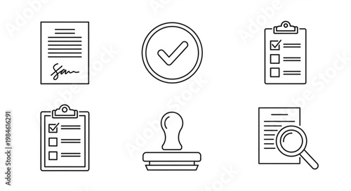 Set of icons representing business and legal documents and approval processes.