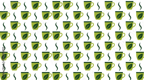 Seamless Green Tea Cup Pattern with Leaves and Steam for Healthy Lifestyle Wellness Branding and Organic Beverage Background