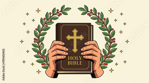 Christian Illustration of Hands Holding Holy Bible with Golden Cross and Laurel Wreath for Religious Projects