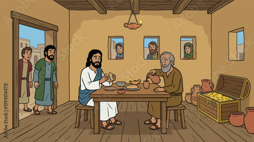 Biblical Cartoon Illustration of Jesus Christ Dining with a Tax Collector in an Ancient House with Gold Treasure Chest