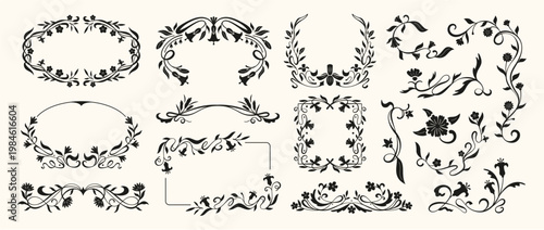 Flower frame. Ornamental floral border. Vintage art nouveau decorative flowers, leaves, branches, botanical elements for book divider, wedding invitation, event. Vector set
