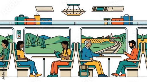 Diverse Passengers Traveling by Train in Modern Carriage with Countryside View Illustration