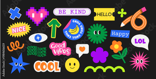 Retro funny stickers. Cartoon groovy characters. Vintage funky shapes with positive faces and emotions, cute slogans. Doodle decorative abstract kids mascot. Vector set