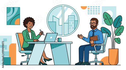 Business Meeting Diverse Professionals Discussing at Office Desk, Modern Vector Illustration