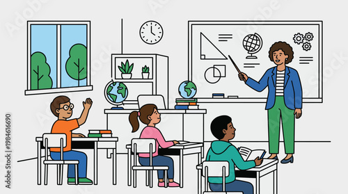 Female Teacher Explaining Geometry to Diverse Students in Classroom Illustration
