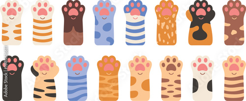 Cat paws vector set, cute cartoon kitten paw collection featuring soft fluffy pet hands with claws, varied fur textures including stripes and spots, puffy animal footprints in multiple styles, 