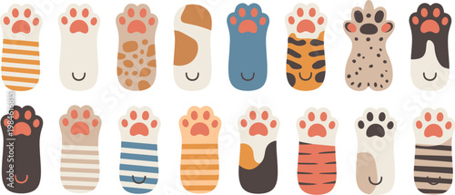 Cat paws vector set, cute cartoon kitten paw collection featuring soft fluffy pet hands with claws, varied fur textures including stripes and spots, puffy animal footprints in multiple styles, 