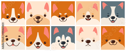 Dog face. Pet avatars. Cartoon various cute animal with funny nose, pink tongue hanging out, ears. Happy puppy muzzle with open mouth. Different dog breeds. Vector set