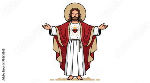 Sacred Heart of Jesus Christ Illustration with Open Arms and Halo Religious Vector Art for Christian Design