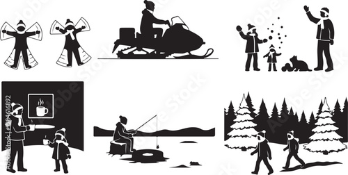 Black and white of people working and relaxing people silhouettes