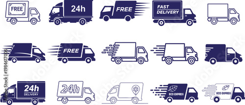 Collection of various delivery truck icons in blue and white colors for logistics and transportation themes