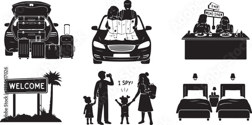 Black and white of vintage travel and roadside scenes