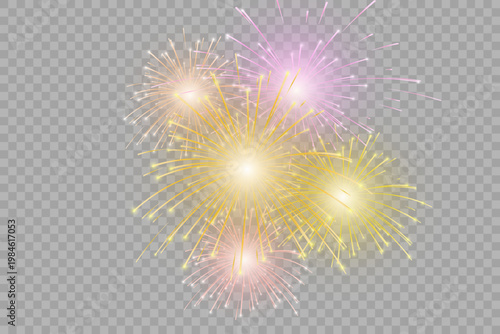 Golden fireworks display with bright sparks illuminates dark sky vector. Elegant festive explosion for New Year celebration. Set of isolated vector fireworks for anniversary designs.