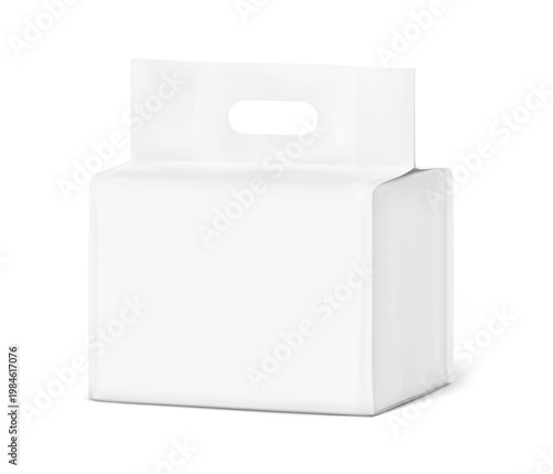 Realistic stand bag with hole handle mockup. Half side view. Vector illustration isolated on white background. Suite for the presentation of diapers, wet wipes, pants, changing mats, pads. EPS10.