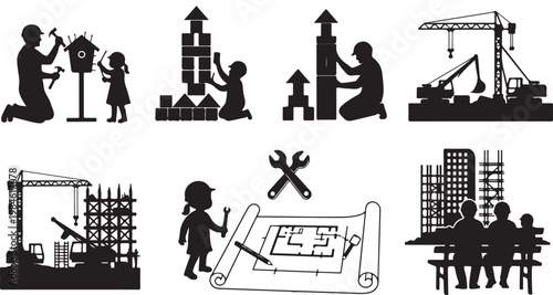 Black and white of various jobs and activities professions