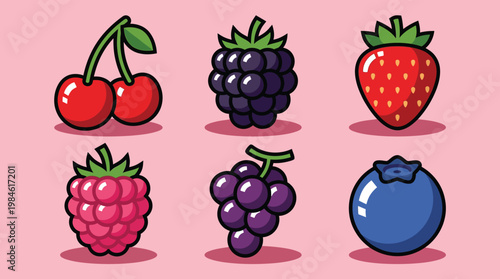 Set of Flat Vector Berry Icons Including Strawberry Cherry Blueberry Raspberry Blackberry and Grapes for Menu Design and Education
