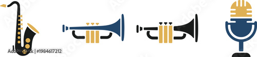 Musical instruments collection saxophone trumpets and a flute in a flat vector style