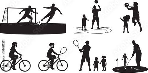 Black silhouette of people exercising and relaxing