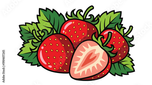 Fresh Red Strawberry Illustration with Sliced Berry and Green Leaves Isolated on White Background for Food Design