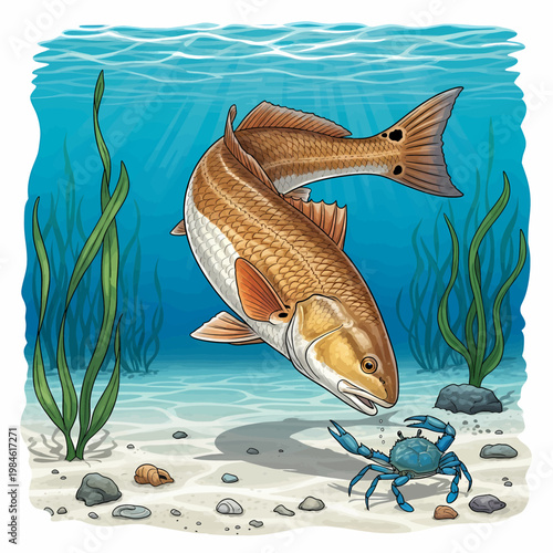 Redfish hunting blue crab in shallow water habitat vector illustration,