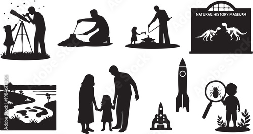 Black silhouette of people visiting museum and observing nature