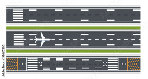Airport runway. Aircraft road line top view. Taking off and landing plane. Airfield with markers and numbers for planes. Air transport, airline terminal. Vector illustration