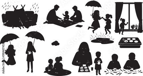 Black silhouettes of people in various daily activities and transportation