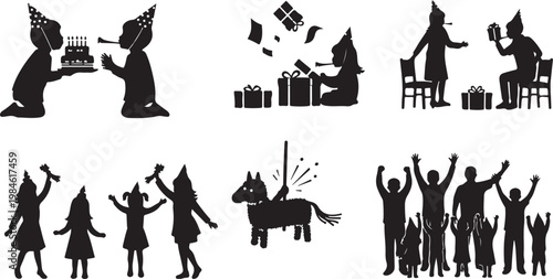 Black silhouettes of people in various poses and activities