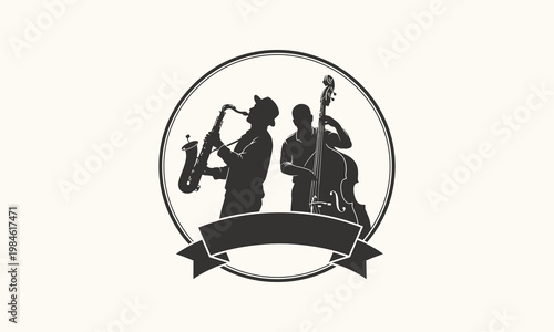 Jazz Band Silhouette Musicians Playing Saxophone and Double Bass in Circle Emblem