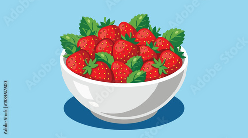 Fresh Red Strawberries with Mint Leaves in White Ceramic Bowl Vector Illustration Flat Design Isolated on Light Blue Background