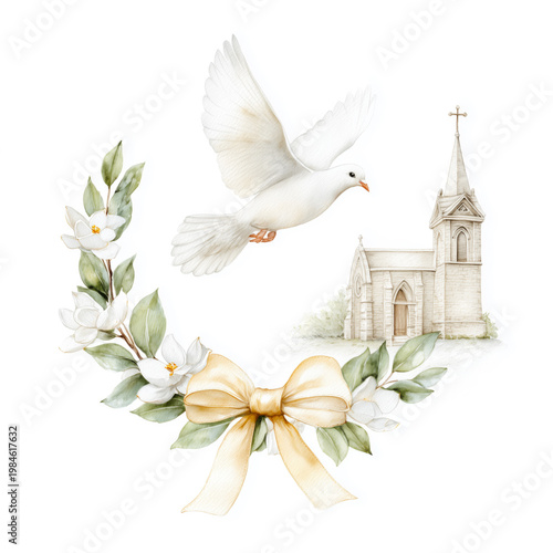 Watercolor Illustration of Dove, Church and Flowers Isolated on White Background