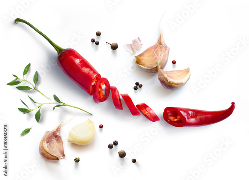 Fresh red chilli pepper and black pepper isolated on white background. Transparent background and natural transparent shadow; Ingredient, spice for cooking. collection for design