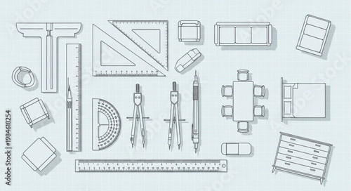 Architectural drawing tools and furniture layout plan.