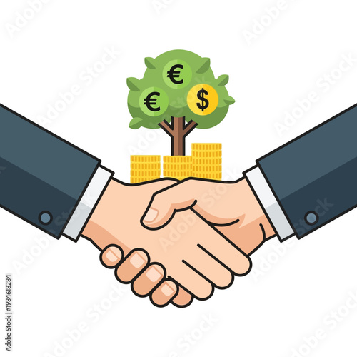 Business Handshake with Money Tree and Coins - Investment and Partnership Concept
