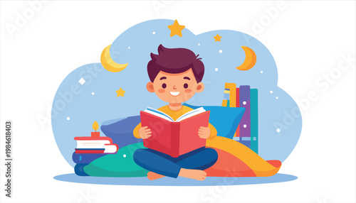 vector Cute Boy Reading a Book in a Dreamy Night Setting