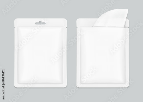 Torn sachet bag mockup for facial mask, single wet wipe and etc. Vector illustration isolated on grey background. Flat lay view. Can be use for template your design, presentation, promo, ad. EPS10.