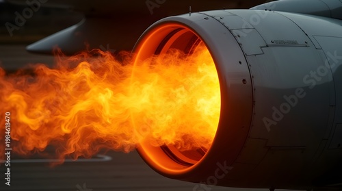 Close-Up View of Jet Engine Exhaust Emitting Vibrant Orange Flames and Smoke During Ignition