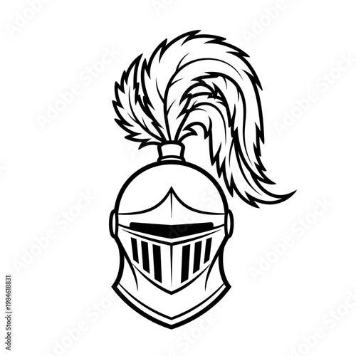 Medieval Knight Helmet with Feather Plume - Vector Illustration