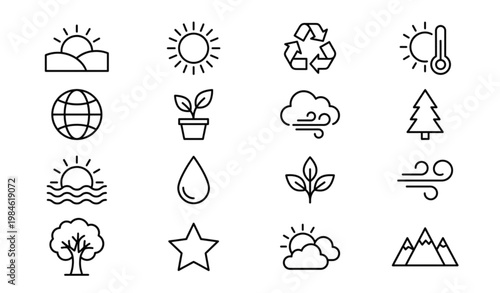 A set of eco-friendly icons representing environmental conservation and sustainability