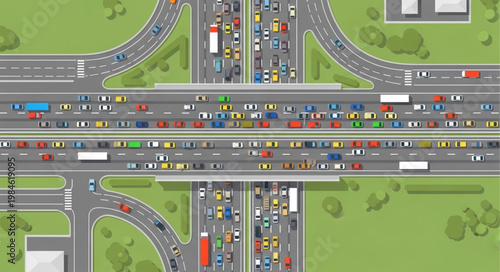 Aerial view of a massive traffic jam on a highway interchange.