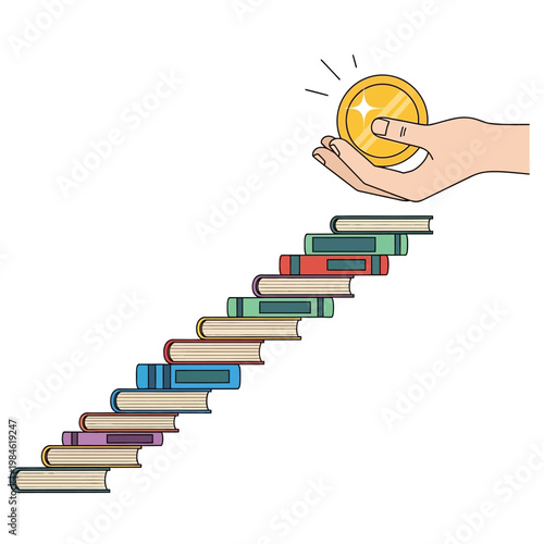 Hand offering coin on stairs made of books, symbolizing education investment and financial growth.