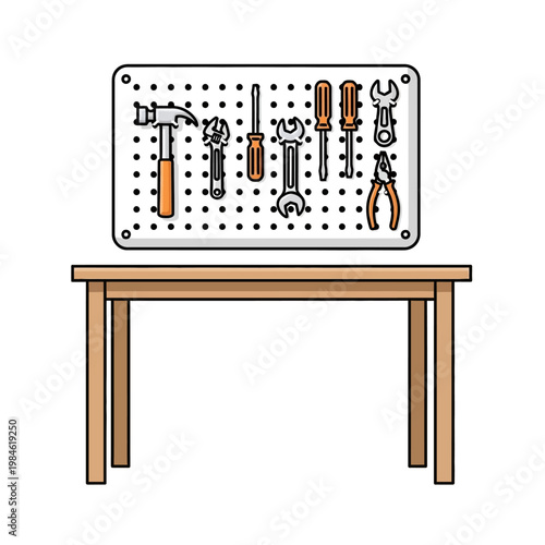 Pegboard with Tools and Workbench, DIY Home Repair and Maintenance