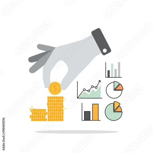 Hand placing coin on stack, financial growth charts, analytics, investment concept