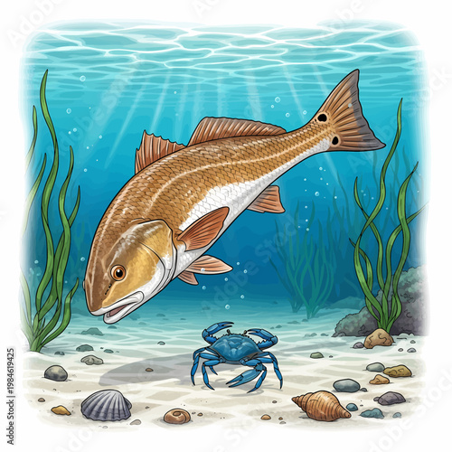 Redfish hunting blue crab in shallow water habitat vector illustration,